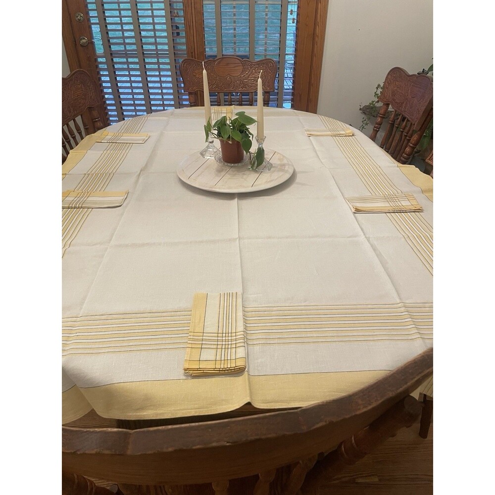 Vintage MCM White Table Cloth With Yellow Stripes 72” X 52” & 6 Napkins READ
